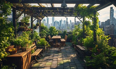 Fototapeta premium Hidden Rooftop Garden with Lush Plants and Wooden Benches Overlooking the City in Afternoon