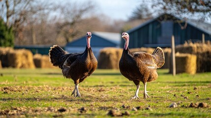 Two turkeys walking in a grassy field with bales of hay in the background.