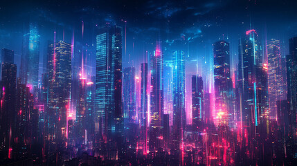 futuristic urban cityscape featuring sleek modern architecture illuminated by vibrant neon lights. The spacious design evokes a sense of innovation, progress, and limitless possibilities in the city e
