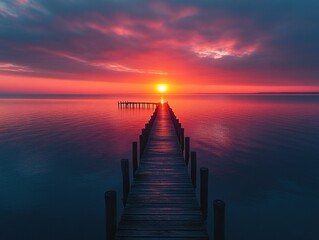 Fototapeta premium Serene Dark Sunrise Illuminated by Soft Light Reflecting Over Calm Water and Silhouetted Landscape