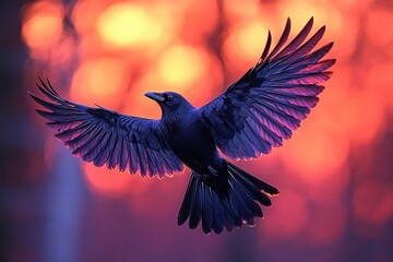 Obraz premium Silhouette of a Crow Soaring Against a Colorful Sunset Sky in a Vibrant and Vivid Scene