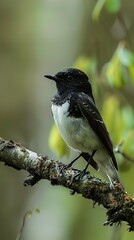 Naklejka premium Black and White Bird Perched on a Branch in a Green Forest