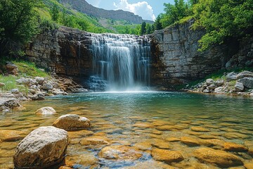 Vibrant Cascading Waterfall Surrounded by Lush Greenery in a Scenic Natural Landscape