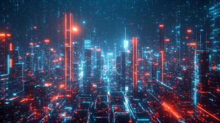 Naklejka premium futuristic urban cityscape featuring sleek modern architecture illuminated by vibrant neon lights. The spacious design evokes a sense of innovation, progress, and limitless possibilities in the city e