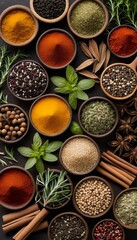 spices selection herbs  spice herb background seasoning closeup kitchen green white high-coloured red aroma aphrodisiac favor copy space eatery aromatic different spoon receipe macro season seed