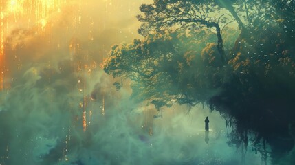 Obraz premium A lone figure in a fantastical forest