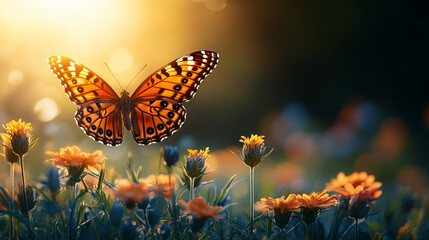 colorful flowers in full bloom, with butterflies fluttering gracefully. This image symbolizes renewal, growth, and the harmonious beauty of nature’s cycle