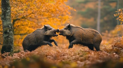 Two wild boars engaging playfully in a vibrant autumn forest.