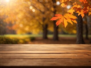 Empty brown wooden table in front of bokeh background of maple trees in autumn