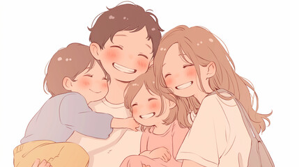 幸せいっぱいの家庭のハグ - 笑顔溢れる親と子供たち、温かい家族愛の一瞬