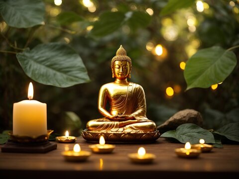 Golden Buddha image. Background of Bodhi leaves with shining light