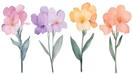 Fototapeta premium Watercolor freesia clipart with fragrant blooms in various colors, Generative AI