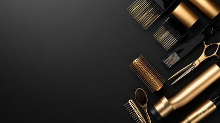 Gold Hairdressing Tools on Black Background