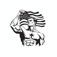 Superhero Holding Flag Vector in Black and White