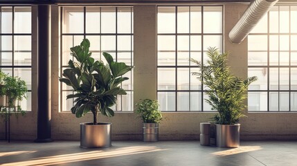 A bright interior space featuring various potted plants near large windows.