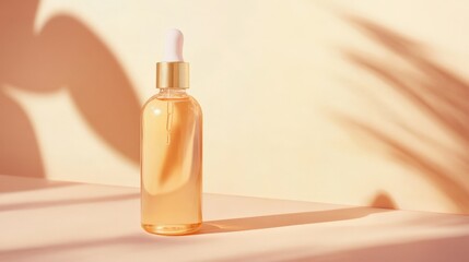 Naklejka premium Golden Serum Bottle with Palm Shadow.