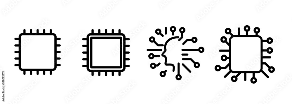 Poster cpu processor or semiconductor chip circuit icon set collection line outline black on white backgrou