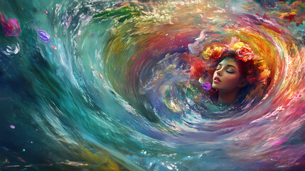 A whimsical siren emerges from a colorful abyss, her gaze captivating amidst the surreal, swirling environment. ai generation. Siren. Illustration
