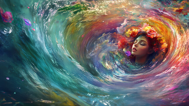A whimsical siren emerges from a colorful abyss, her gaze captivating amidst the surreal, swirling environment. ai generation. Siren. Illustration