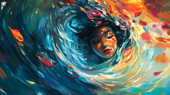 A whimsical siren emerges from a colorful abyss, her gaze captivating amidst the surreal, swirling environment. ai generation. Siren. Illustration
