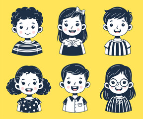 The faces of cute children outline unique hairstyles and costumes representing different races and cultures