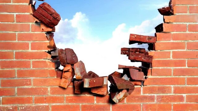 赤レンガの壁が上から崩れて行きその裏から青空が見え渡る