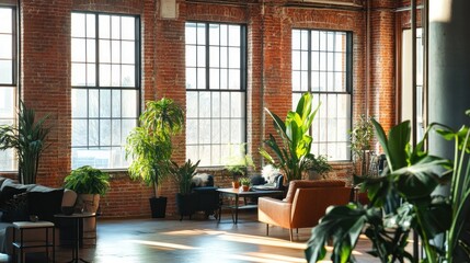 A cozy urban space with large windows, plants, and a comfortable seating area.