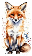 Obraz premium background fox cute white watercolor drawing animal isolated cute illustration watercolor fox nature drawn forest funny hand art cartoon red colourful colours card white mammal design wildlife wild