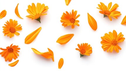 A vibrant arrangement of orange flowers and petals on a white background.