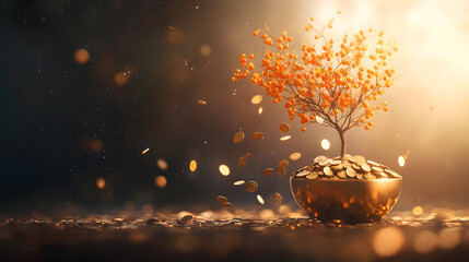 A beautiful tree with golden leaves growing from a pot of coins, symbolizing prosperity and abundance in a serene light.