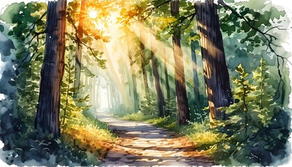 Serene forest path illuminated by dappled sunlight filtering through lush trees in a vibrant watercolor scene