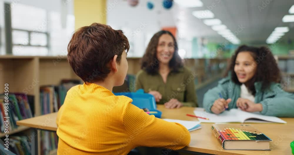 Poster hand, back and kid with answer in library for studying, help and academic support at school. student