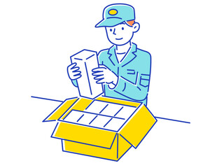 段ボールに荷物をいれる作業員の男性