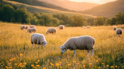 Fototapeta premium A serene landscape with sheep grazing in a sunlit field surrounded by wildflowers.