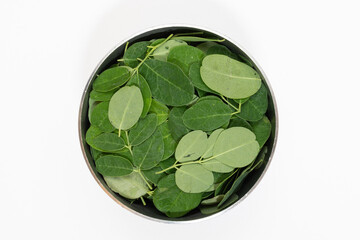 Fresh Moringa Leaves in a small bowl isolated against white background.
