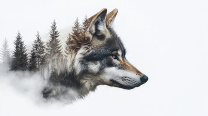 Naklejka premium A wolf's profile blended with a forest scene, symbolizing nature and wildlife.