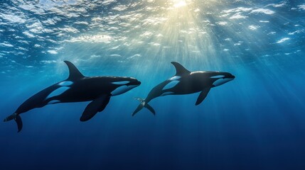 Two orcas swimming gracefully in the ocean, illuminated by sunlight filtering through the water.