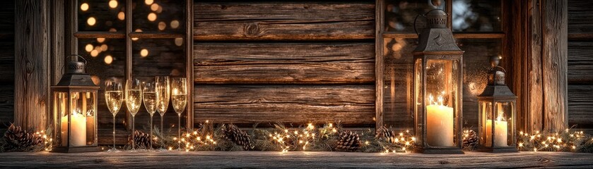 Cozy Cabin Window with Lanterns and Sparkling Lights