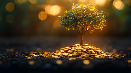 A vibrant tree emerging from a mound of shining coins, symbolizing growth and wealth in a sunlit environment.