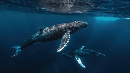 Naklejka premium Two humpback whales swimming gracefully in deep blue ocean waters.