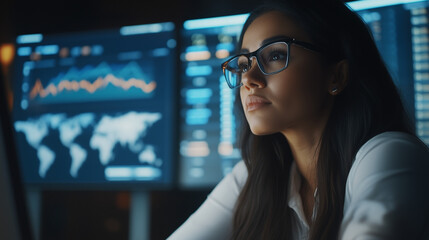 Hispanic Female Senior Data Scientist Reviewing Reports Of Risk Management Department On Big Digital Screen In Monitoring Room. Diverse Consulting Company Employees Working Behind Desktop Computers. -