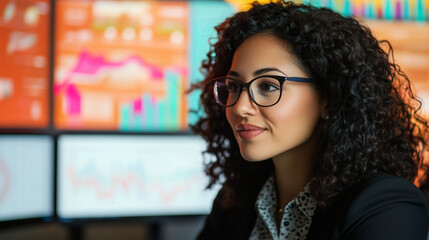 Hispanic Female Senior Data Scientist Reviewing Reports Of Risk Management Department On Big Digital Screen In Monitoring Room. Diverse Consulting Company Employees Working Behind Desktop Computers. -