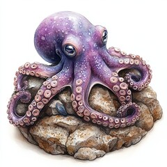 Fototapeta premium Colorful Cartoon Octopus Sitting on a Rock