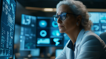 Hispanic Female Senior Data Scientist Reviewing Reports Of Risk Management Department On Big Digital Screen In Monitoring Room. Diverse Consulting Company Employees Working Behind Desktop Computers. -