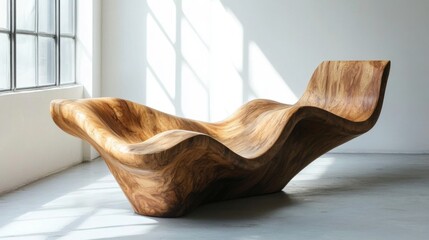 A modern, sculptural wooden chaise lounge with a wavy design sits in a white room with a window.