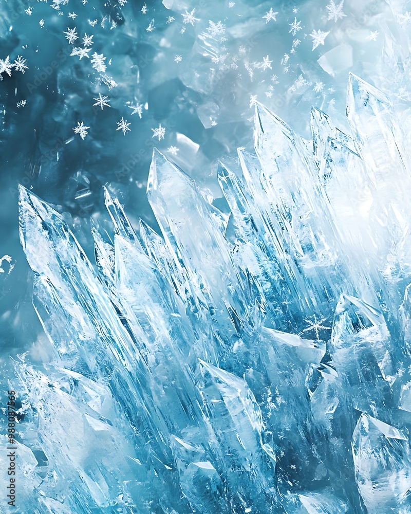 Poster chilling ice element wallpaper with crystalline formations, frost patterns, and snowflakes in a cold