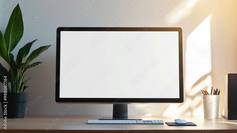 Poster modern workspace with computer monitor