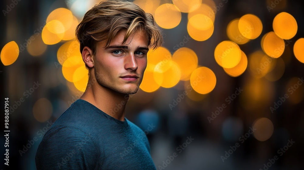 Wall mural A young man poses confidently against a blurred background of warm lights.