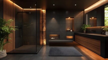 luxury bathroom interior design with bathtub, Modern, Elegance, Stylish dark themed Bathroom Design with Dark Aesthetic, architecture design, real estate housing project design