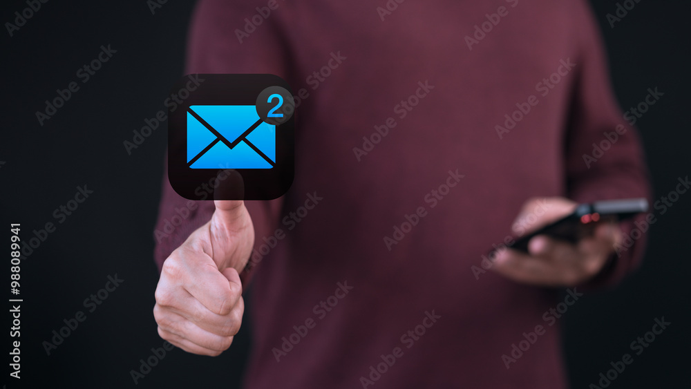 Poster A person interacts with a virtual email notification showing two new messages. The concept illustrates communication, technology, and digital engagement using mobile devices.